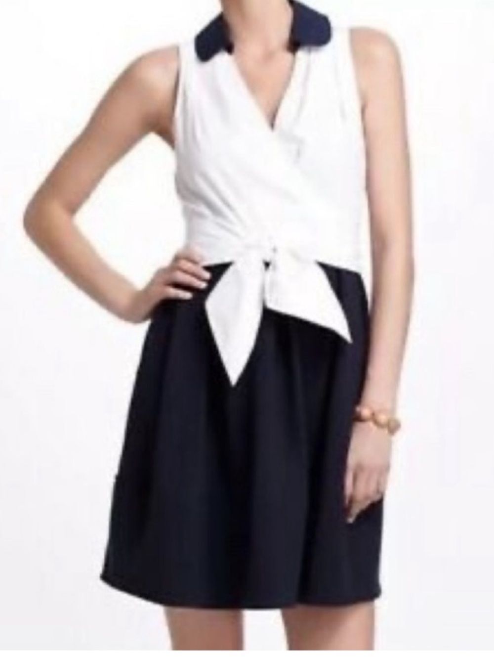 Anthropologie Leifnotes Cotton Mini Dress White Navy Sleeveless Pockets Sz 4 NWT